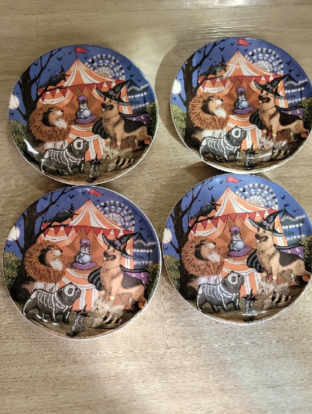 Pier 1 Dogs In Costumes At Midnight White Ironstone Plate Backstamp Set Of 4